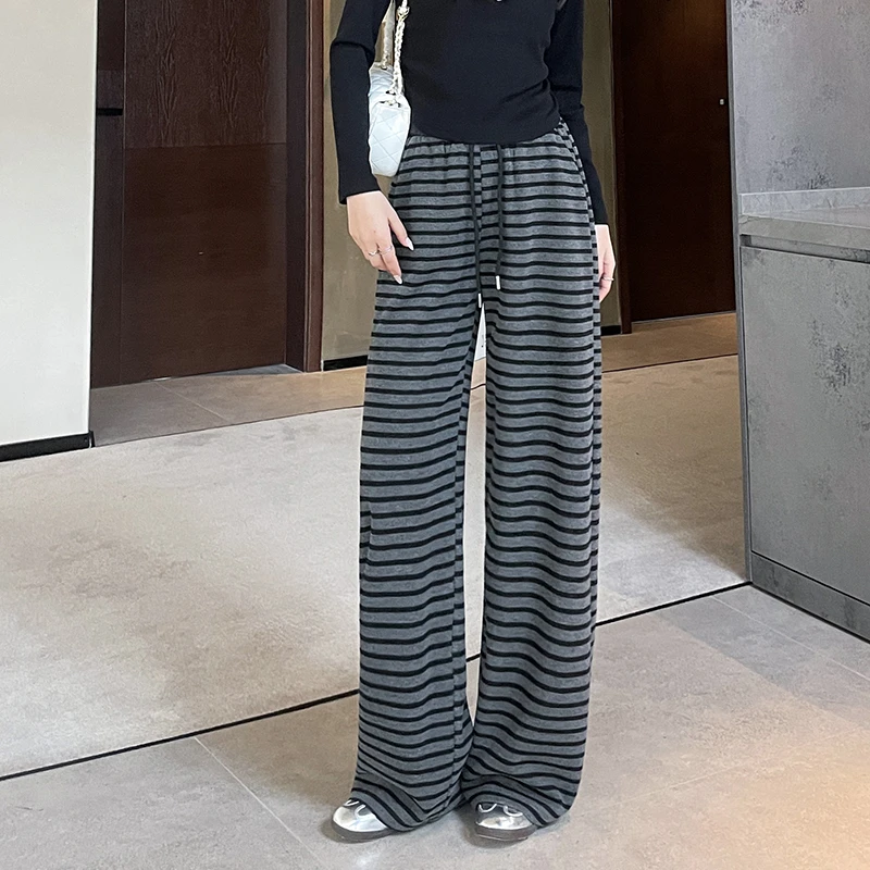 斑马斑马 条纹裤 垂感阔腿裤超弹条纹慵懒风拖地裤—3781
