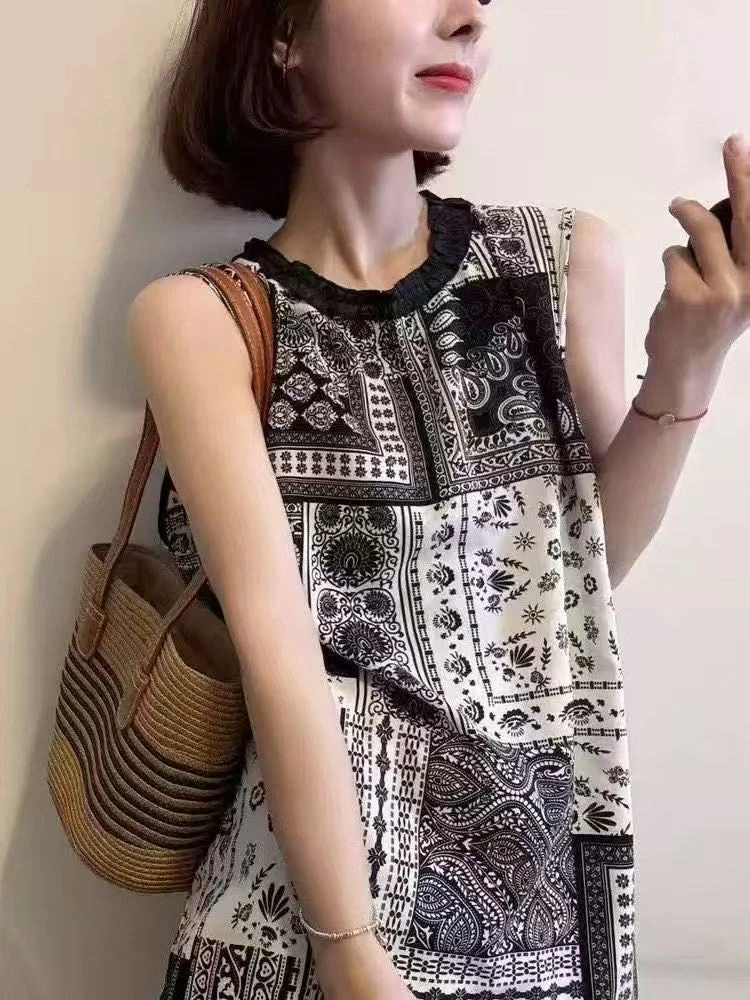 6882夏季新款撞色圆领无袖提花短款衬衫宽松显瘦气质女上衣