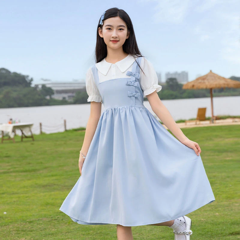 女童时尚学院风连衣裙夏装儿童夏季学生女孩洋气休闲泡泡袖裙子