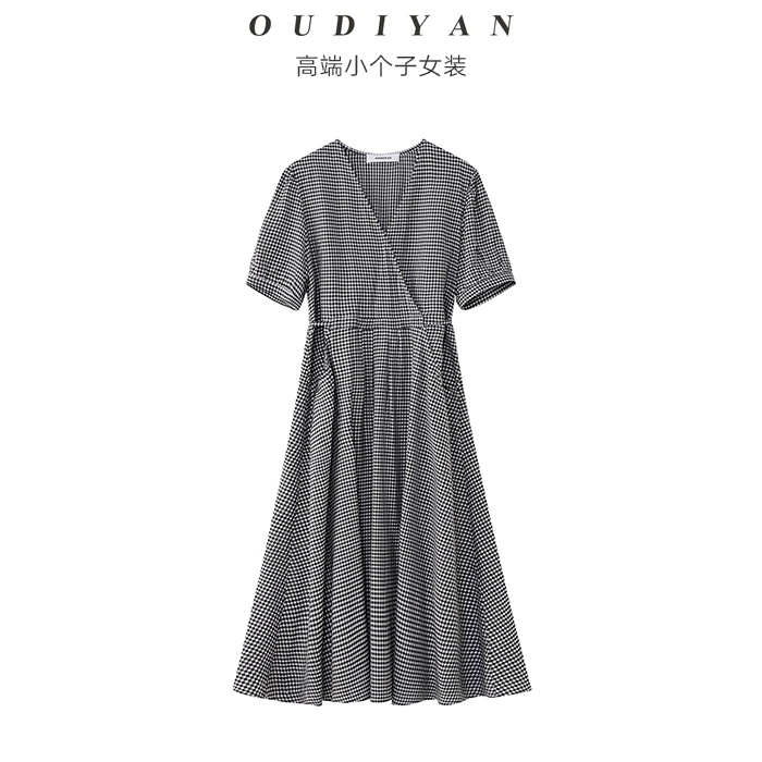 OUDIYAN | 小个子高端女装 夏季英伦复古格100%三醋酸短袖连衣裙