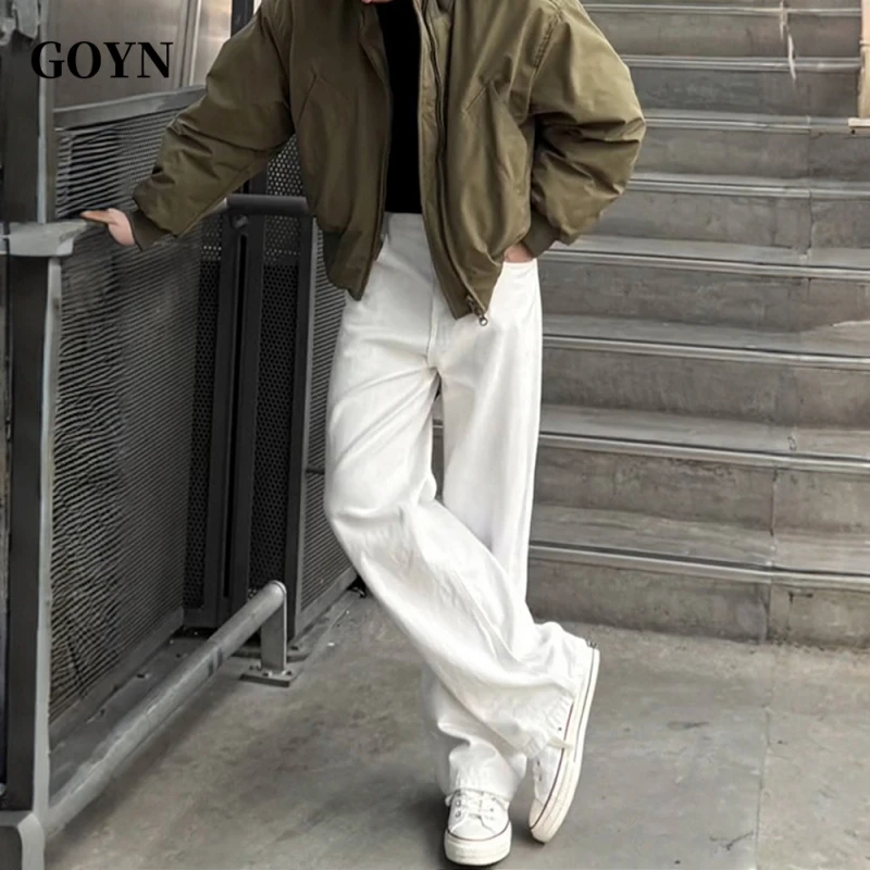 GOYN秋季微喇轻奢男士复古百搭纯色时尚高街透气男装直筒牛仔长裤