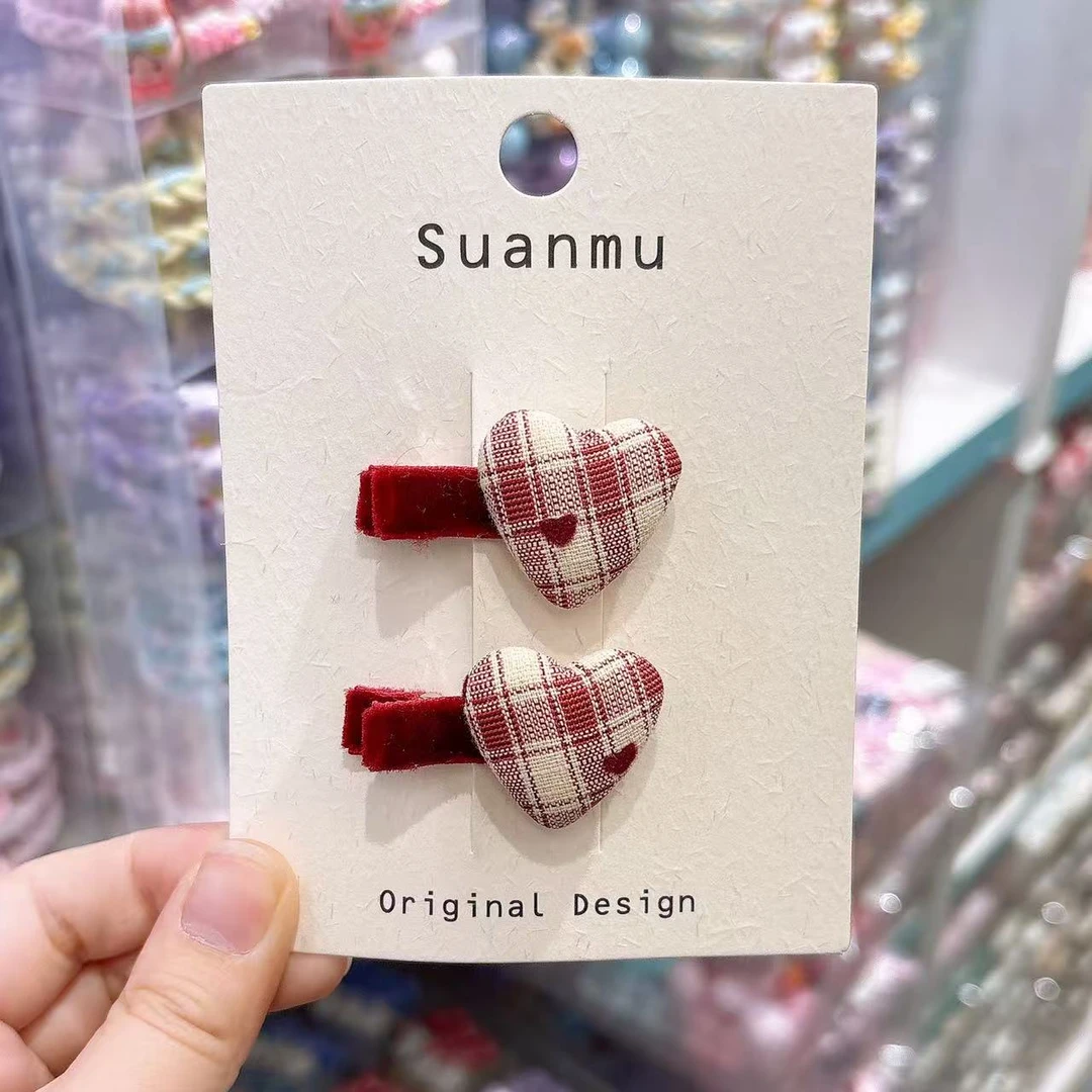 B-1686（满10米飞）mm 1对格子爱心小鸭嘴夹 发圈