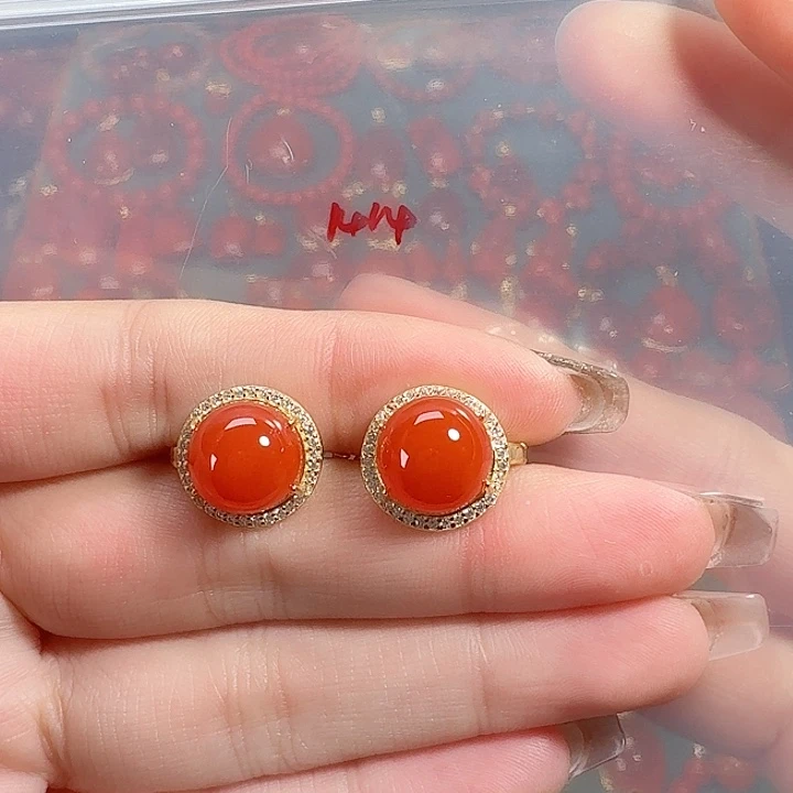 南红玛瑙银S925镶嵌耳饰