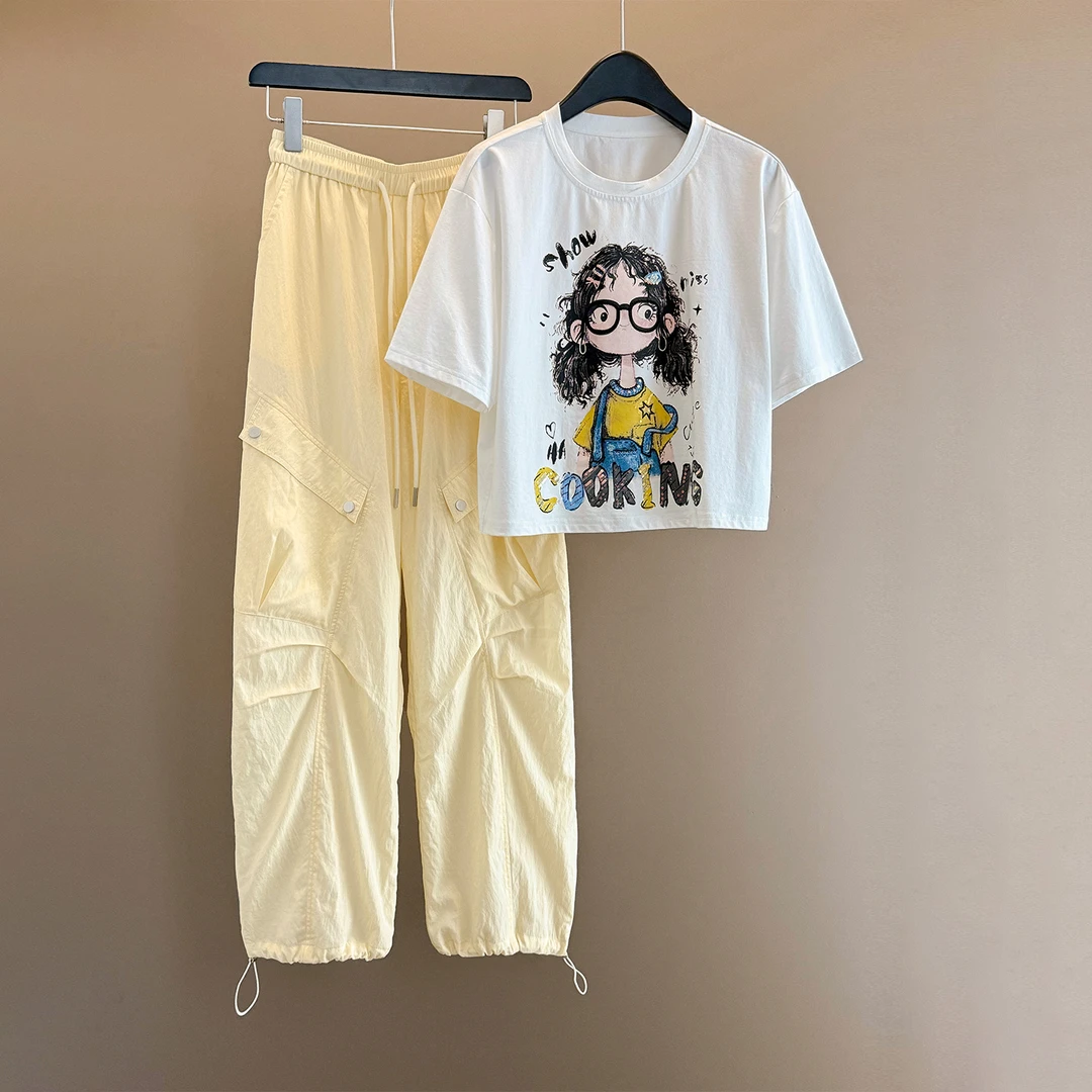 韩版休闲时尚套装女夏个性简约圆领卡通印花上衣工装长裤两件套潮