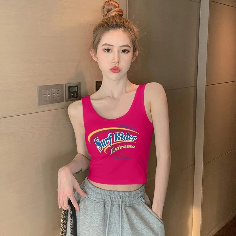 玫红色吊带背心女夏外穿无袖显瘦露脐纯棉美背印花小众设计感上衣