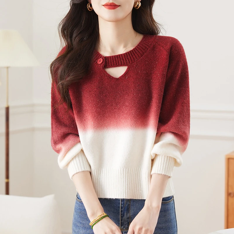 春竹羊毛衫秋冬新款圆领短款时尚宽松韩版渐变亮丝打底针织毛衣