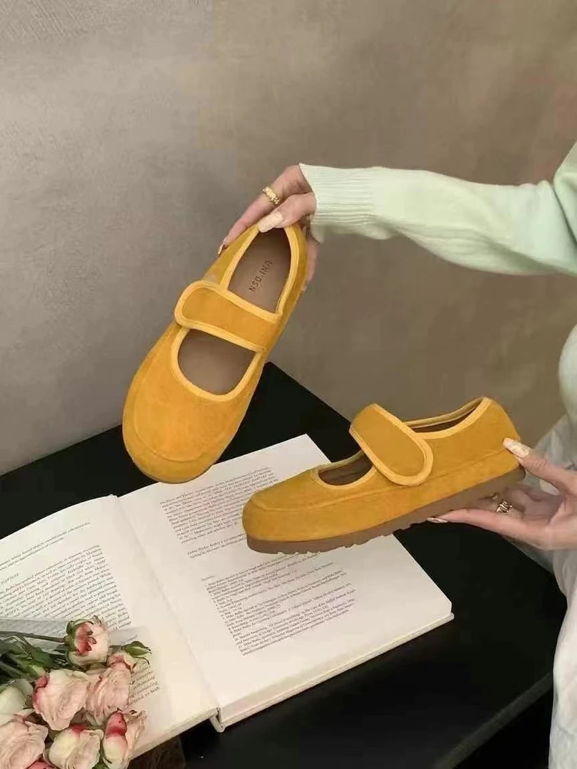 魔术贴磨砂真皮玛丽珍鞋女单鞋2025新款圆头休闲豆豆鞋软平底鞋子
