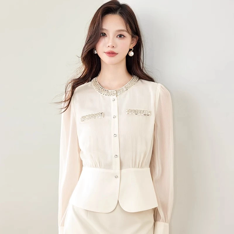 2025春装新款小香风圆领长袖雪纺衫女短款设计感衬衫修身显瘦衬衣