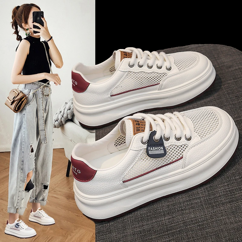 Y.hai品牌真皮厚底百搭夏季小白鞋2025新款镂空运动休闲板鞋薄款