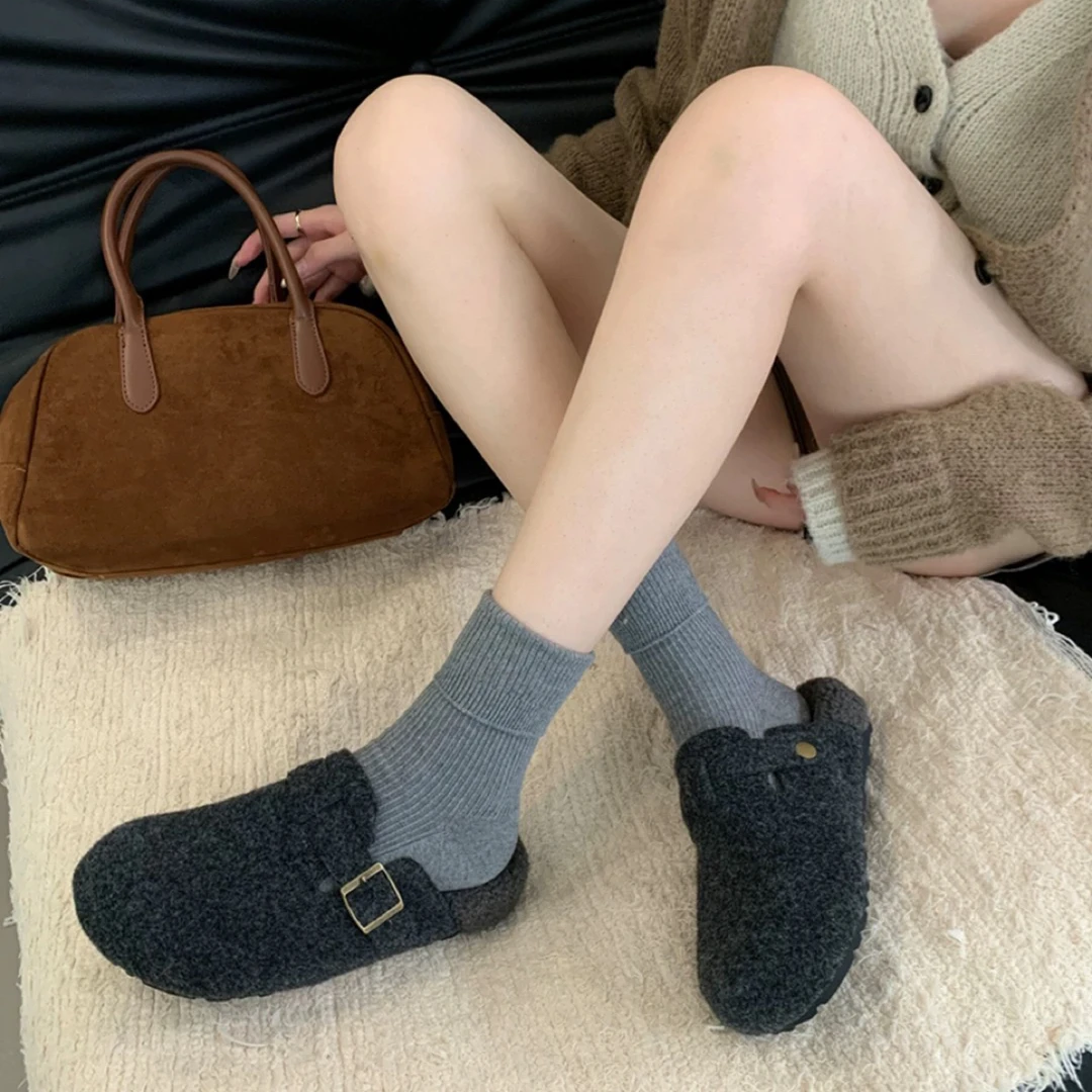 SUSU 灰色厚底毛呢勃肯鞋加绒博肯鞋毛毛半拖棉鞋592-26前9