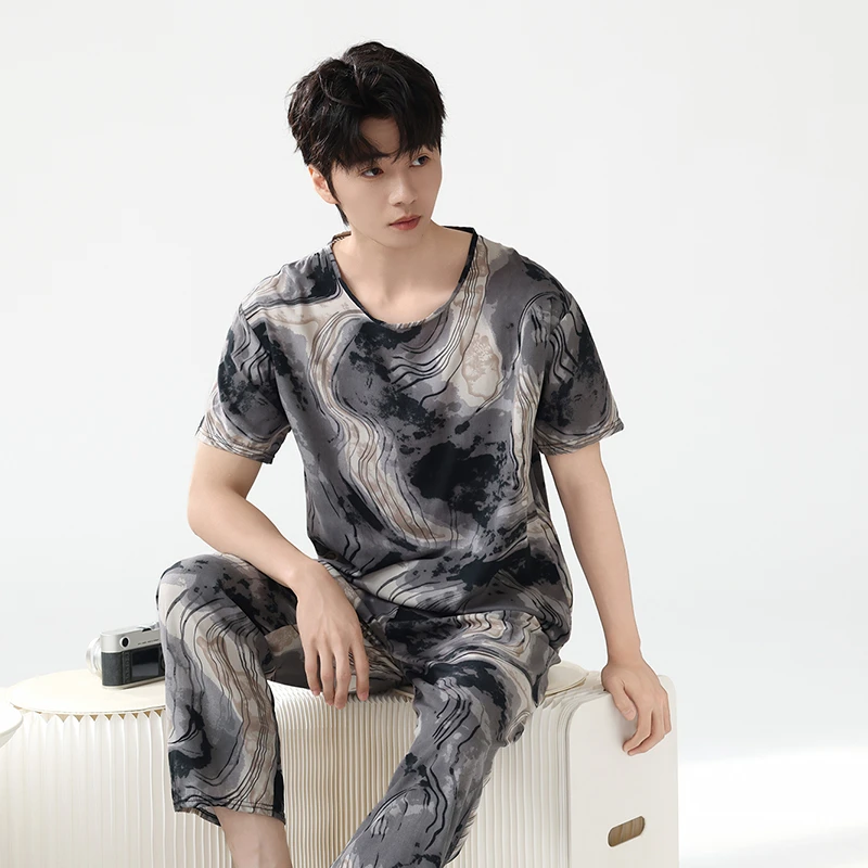 夏季青年男士薄款棉绸长裤短袖套装宽松休闲人造棉开衫家居空调服