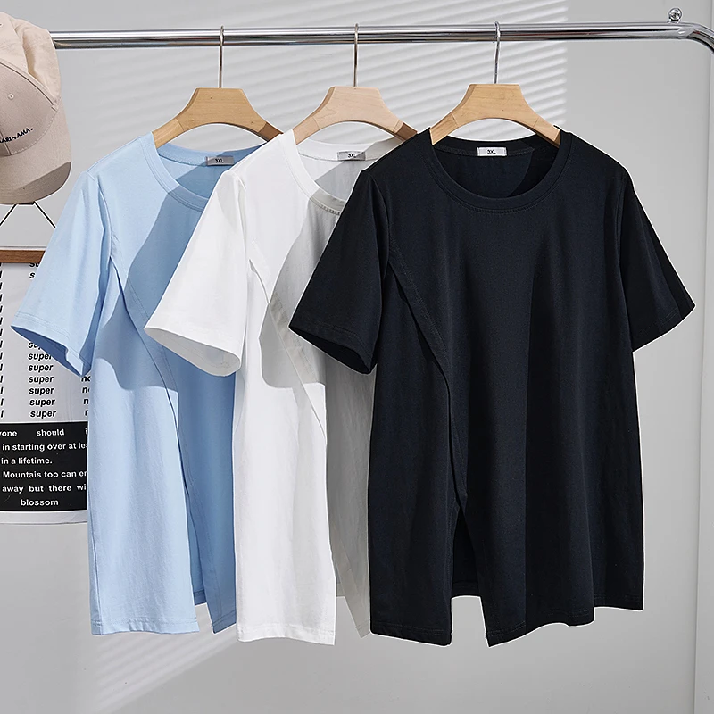 S5631大码女装休闲圆领t恤衫夏季胖MM加肥220斤宽松显瘦短袖上衣