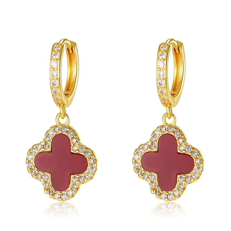 铜合金耳饰 G066红色四叶草通勤耳扣时尚百搭经典款耳环