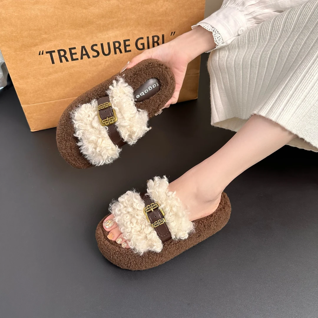 Tagabe百搭厚底毛毛拖鞋女外穿2025秋季新款韩版舒适拖鞋一字拖