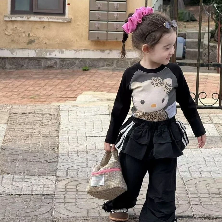 2025秋季新款KT猫拼接长袖T恤休闲裙裤套装女童韩系甜酷洋气穿搭