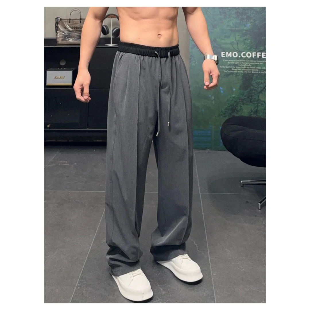 2025春季新款直筒裤单褶宽舒垂感撞色松紧腰休闲裤男加厚宽松西裤