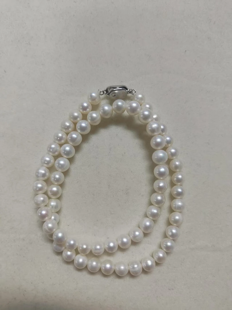 7-8mm天然淡水无核元宝扣珍珠项链S925银镶嵌百搭时尚