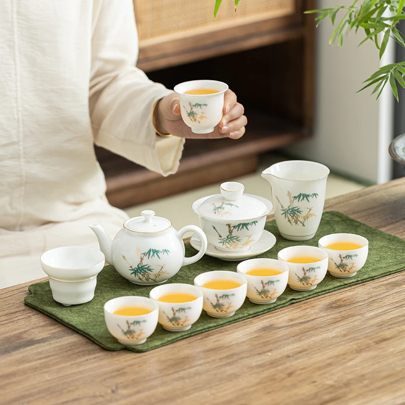 【闪购链接】瓷制058H金竹报喜茶具11件套