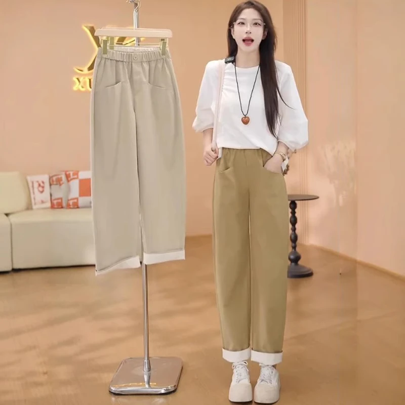 拉夏贝尔时尚休闲弯刀裤女2025夏季新款高腰显瘦翻边九分镰刀裤子