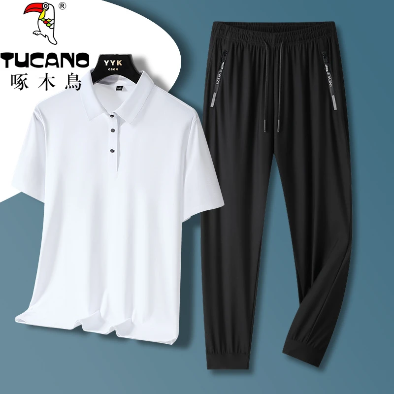 啄木鸟夏季男士短袖POLO衫冰丝裤套装薄款透气速干休闲裤男