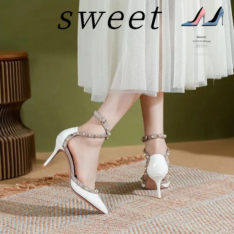 复古细跟高跟鞋单鞋2025春夏包头铆钉尖头小众气质铆钉高跟凉鞋女