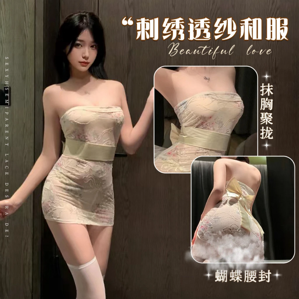 婉念(80-150斤）大码古典性感刺绣印花修身包臀睡裙1501