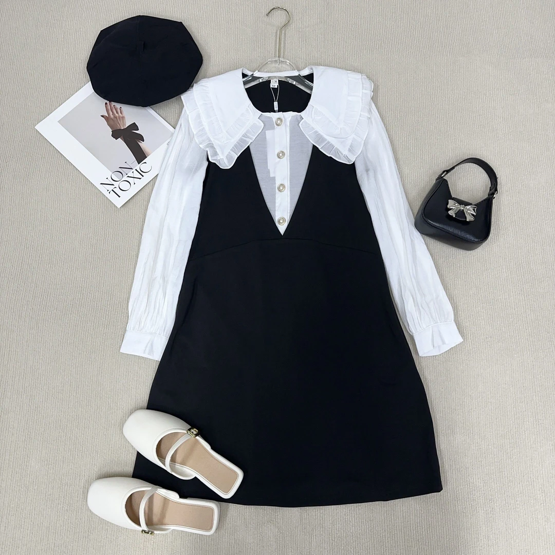 2025夏秋学院风连衣裙假两件撞色娃娃领青松收腰A字裙简约半身裙