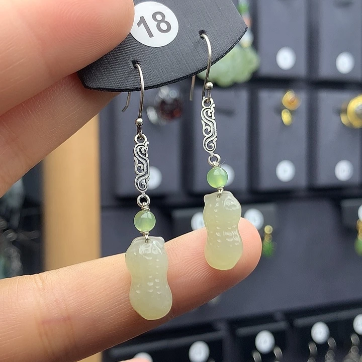 和田玉耳饰银S925镶嵌