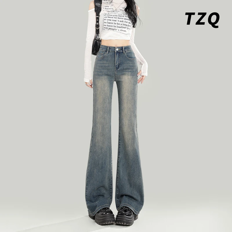 韩系高腰弹力牛仔裤女爆款2025新款显高显瘦修身微喇裤TZQ2521626