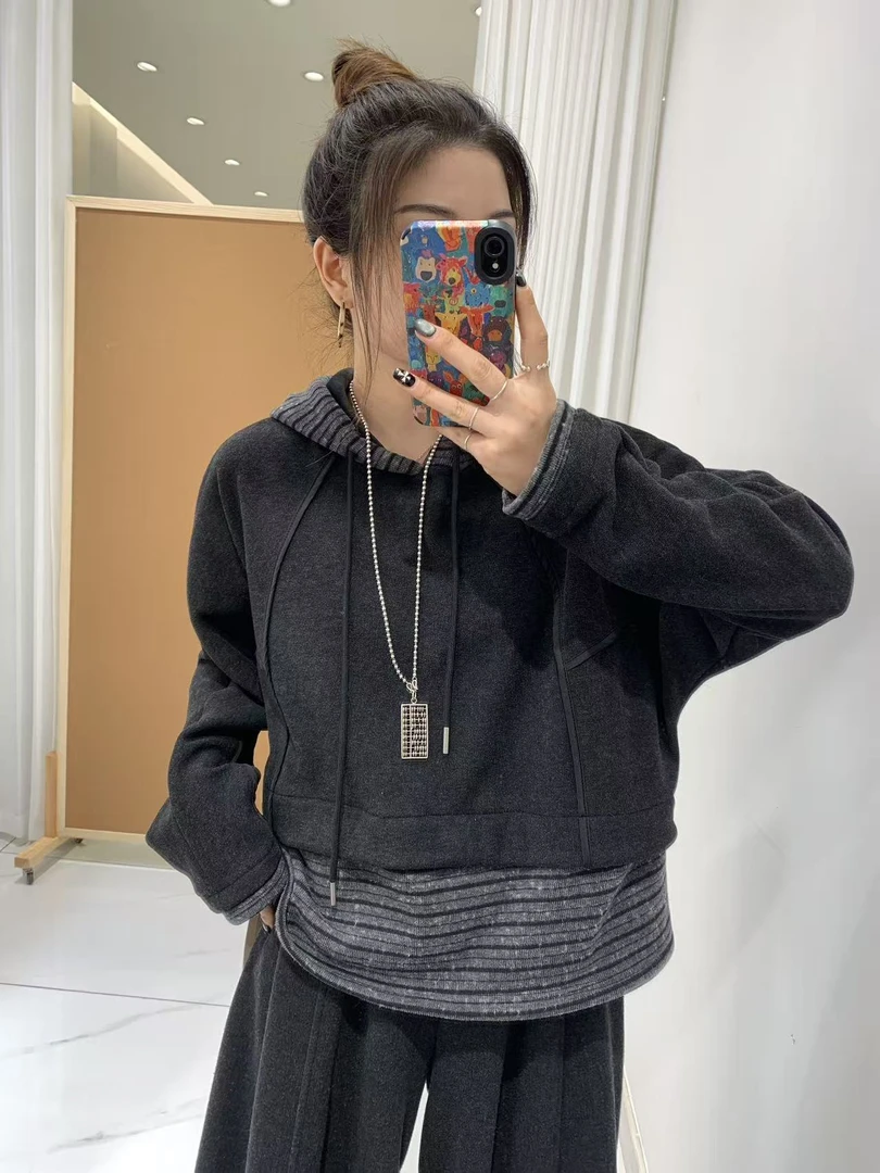 可米 新款休闲百搭连帽灰色潮牌拼接加绒卫衣 18119（衣长58）