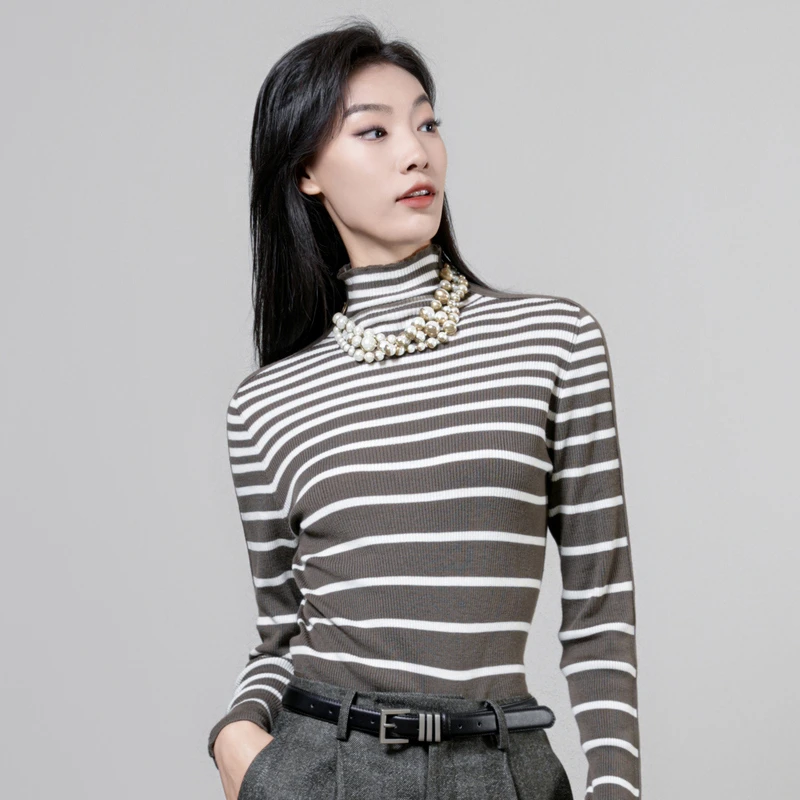 G.JAMEI 秋冬高领渐变条纹打底针织衫DGCZ4013