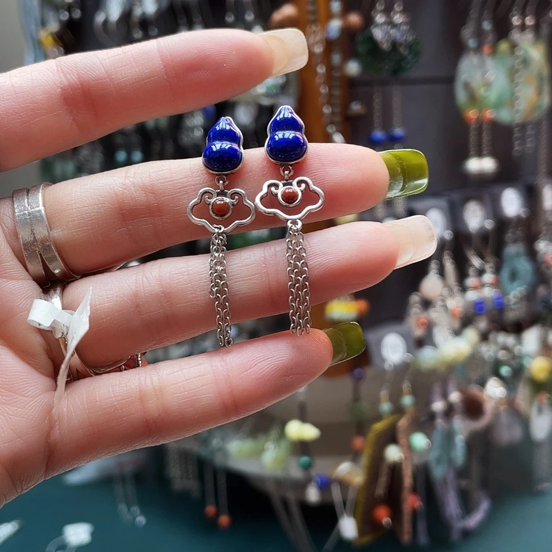 一***居青金石银S925镀金镶嵌耳饰