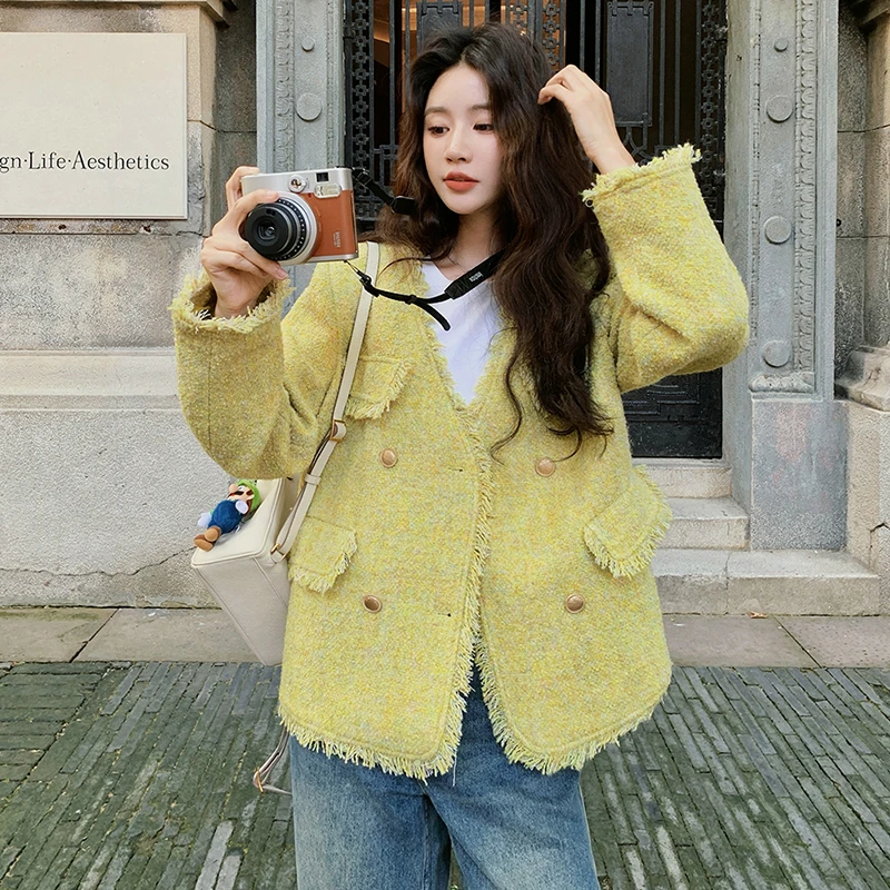 黄色小香流苏V领短外套女秋季2025新款小个子时尚百搭高级感上衣