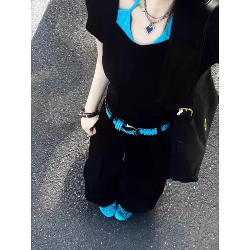【清】大码设计感小众别致撞色假两件短袖T恤夏季收腰显瘦上衣-5001