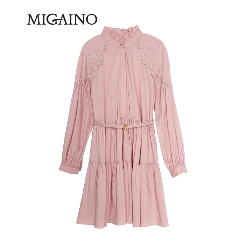 Migaino/曼娅奴曼娅奴优雅长袖纯色女士连衣裙MM12DC063