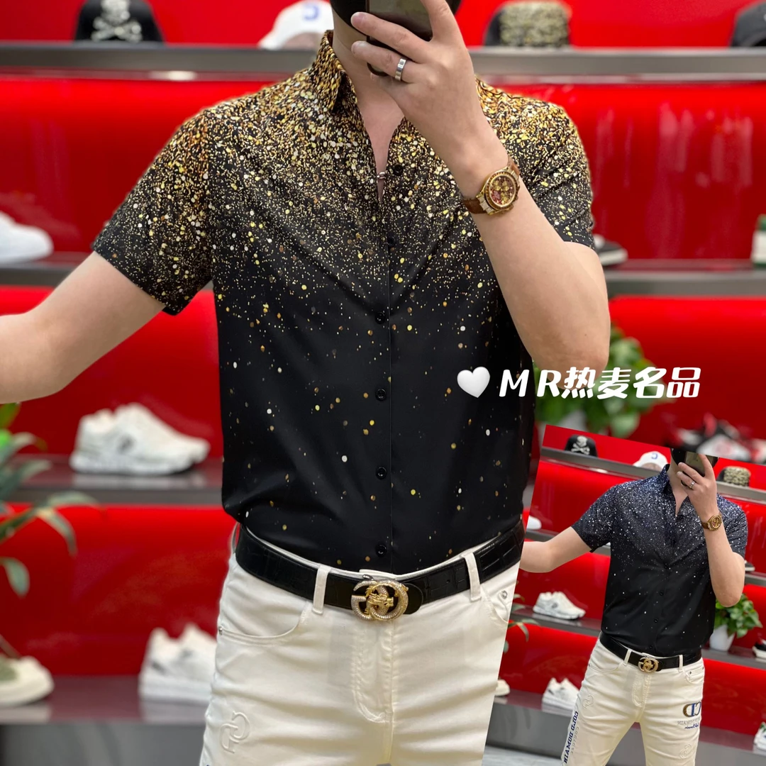 【熠星甄选】2025夏季衬衫渐变色满天星印花烫钻男士高弹力翻领短袖