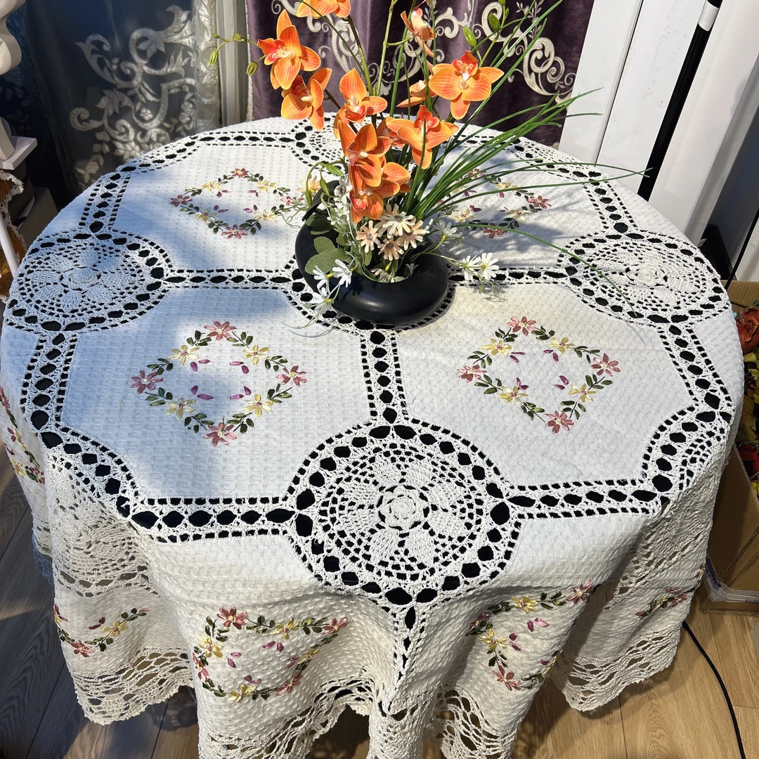 MX116-8-1棉质（180cm圆）米白色小方格丝带绣圆桌布