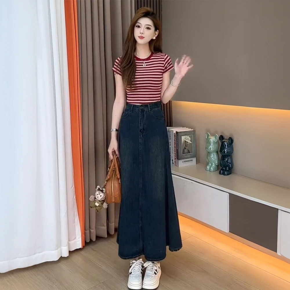 辣妹风复古时尚套装女2025夏季新款条纹短袖上衣牛仔半身裙两件套