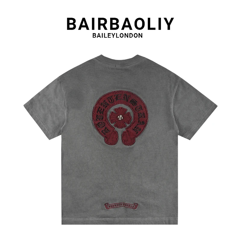 BAIRBAOLIY经典刺绣十字架梵文潮牌重磅高级灰短袖T恤男装宽松版