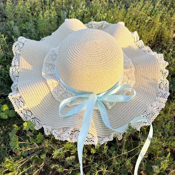 蕾丝草编帽波浪边大帽檐太阳帽子海边女夏季透气蝴蝶结遮阳防晒帽