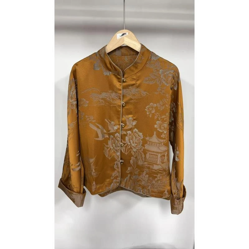 9631新中式薄款圆领直襟V领提花上衣复古休闲