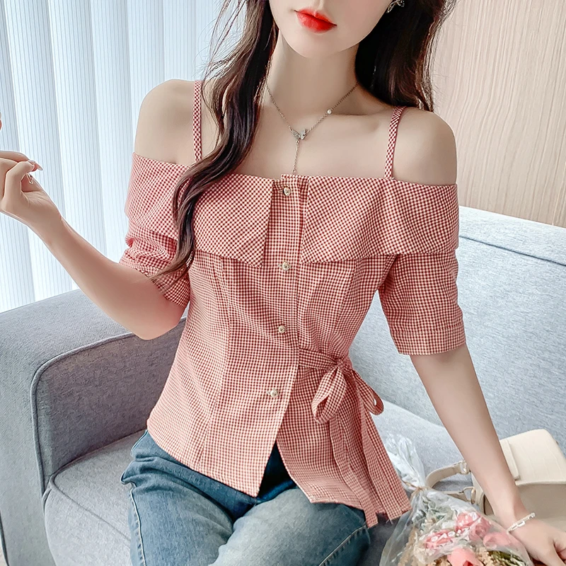 复古格子一字肩吊带衬衫女2025夏季新款收腰绑带上衣法式气质衬衣