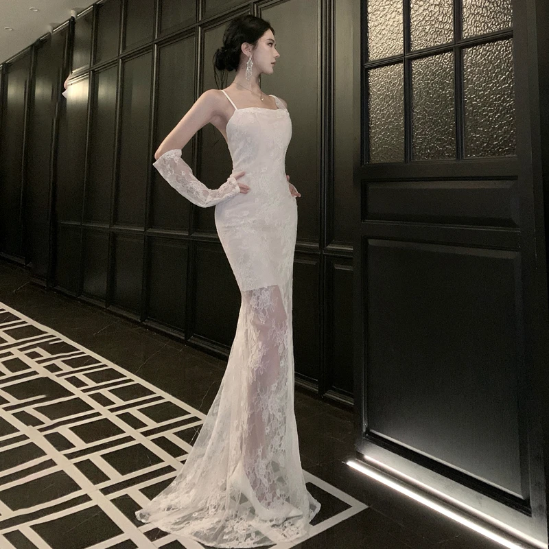 西太后轻婚纱复古蕾丝森系吊带新娘晨袍女订婚宴会礼服鱼尾出门纱