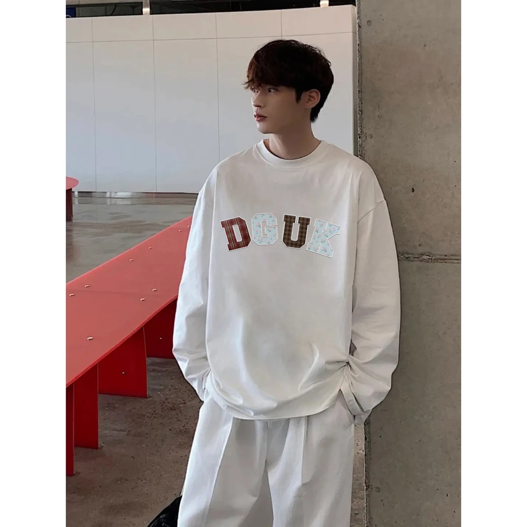 美式潮牌花纹字母印花圆领纯棉长袖t恤男女秋冬季宽松情侣款上衣