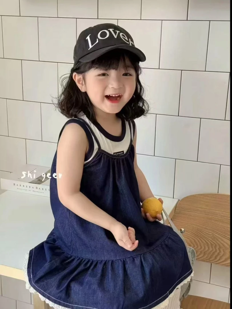 大栗子2025夏季新款儿童牛仔吊带连衣裙子加内衬两件套韩版女童