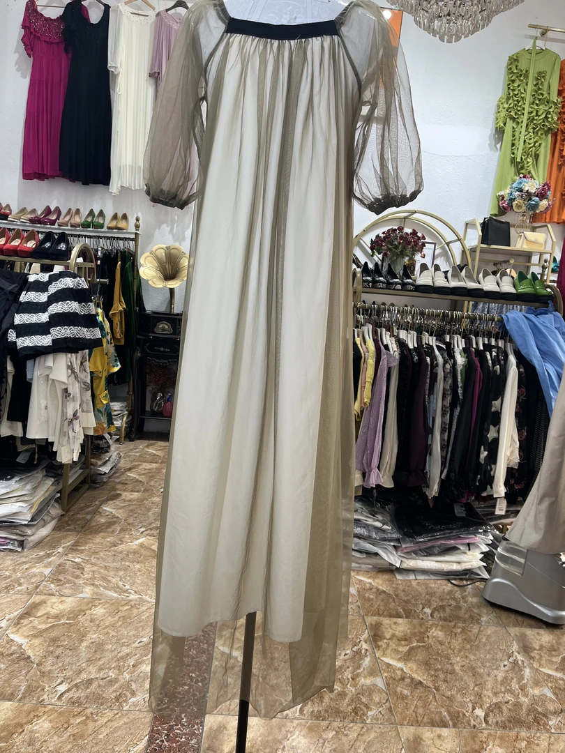 法式方领网纱连衣裙女气质温柔长款