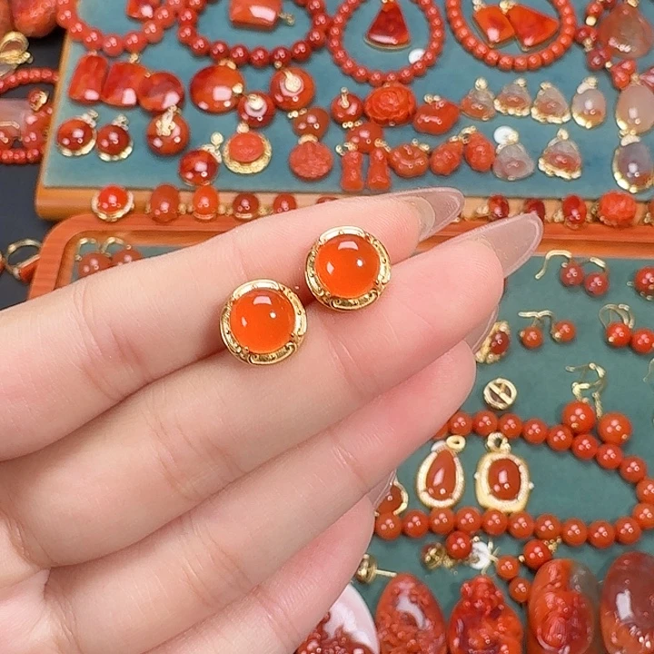 南红玛瑙银S925镶嵌耳饰