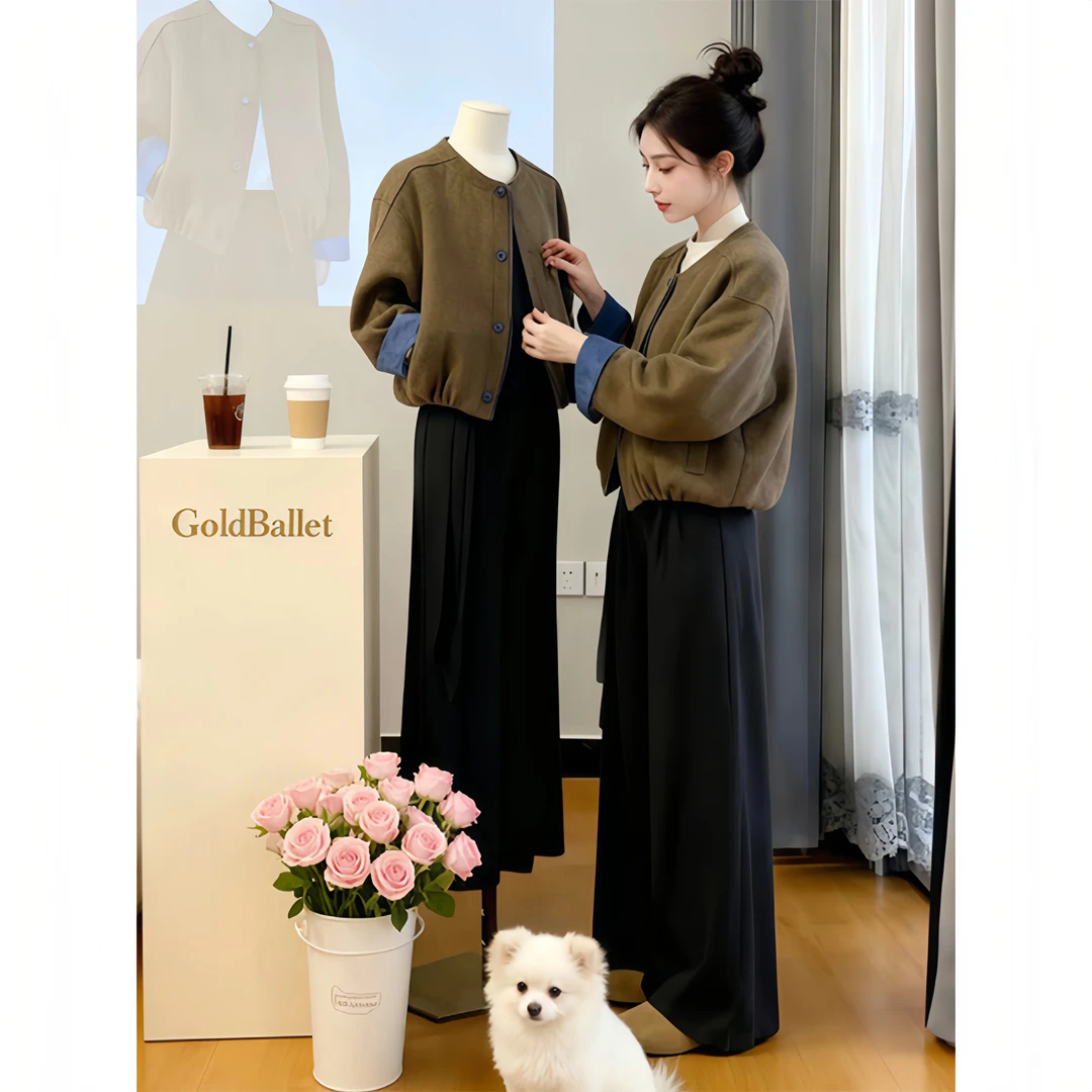 2025韩式潮流秋冬季新款复古夹克高领打底衫阔腿长裤时尚套装