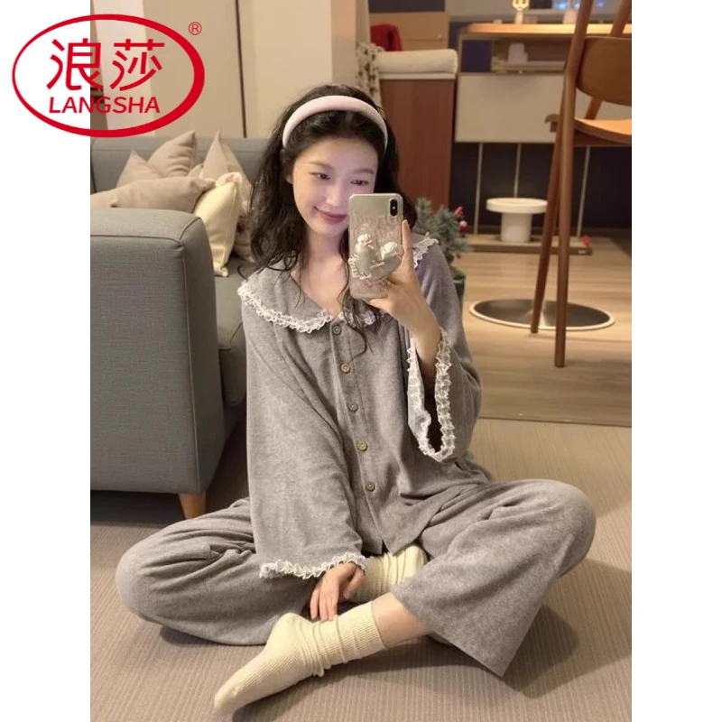 浪莎蕾丝边灰色睡衣女秋冬季爆款开衫长袖德绒宽松家居服长裤套装
