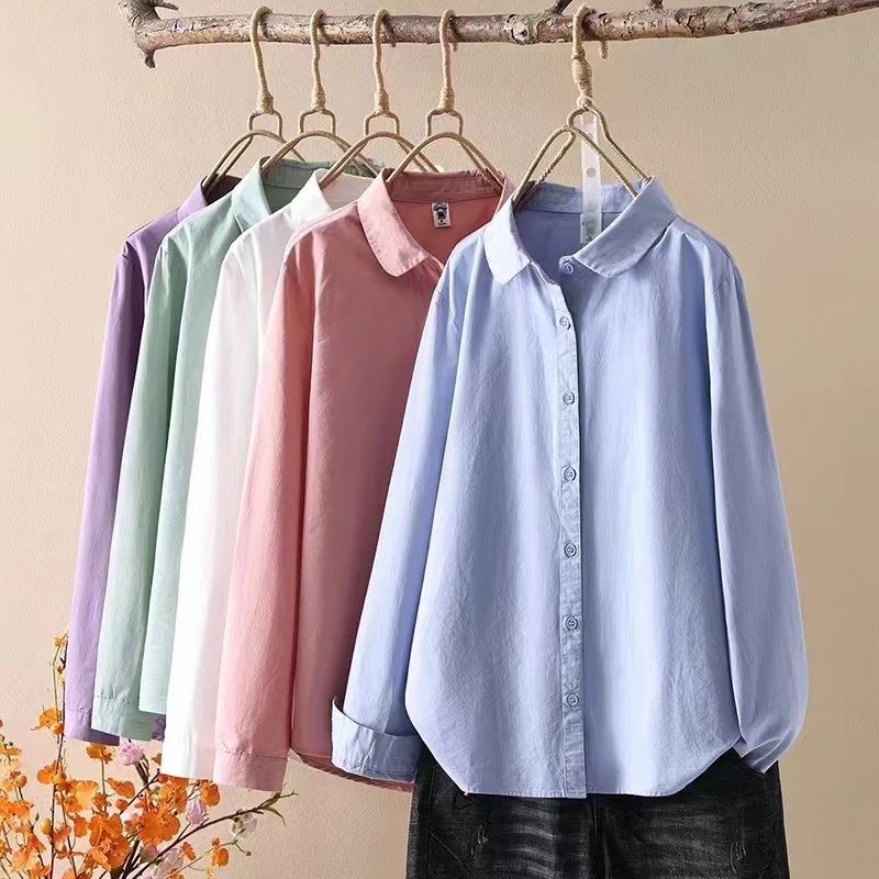 新款翻领纯棉长袖衬衫纯色百搭洋气宽松气质洋气文艺衬衣